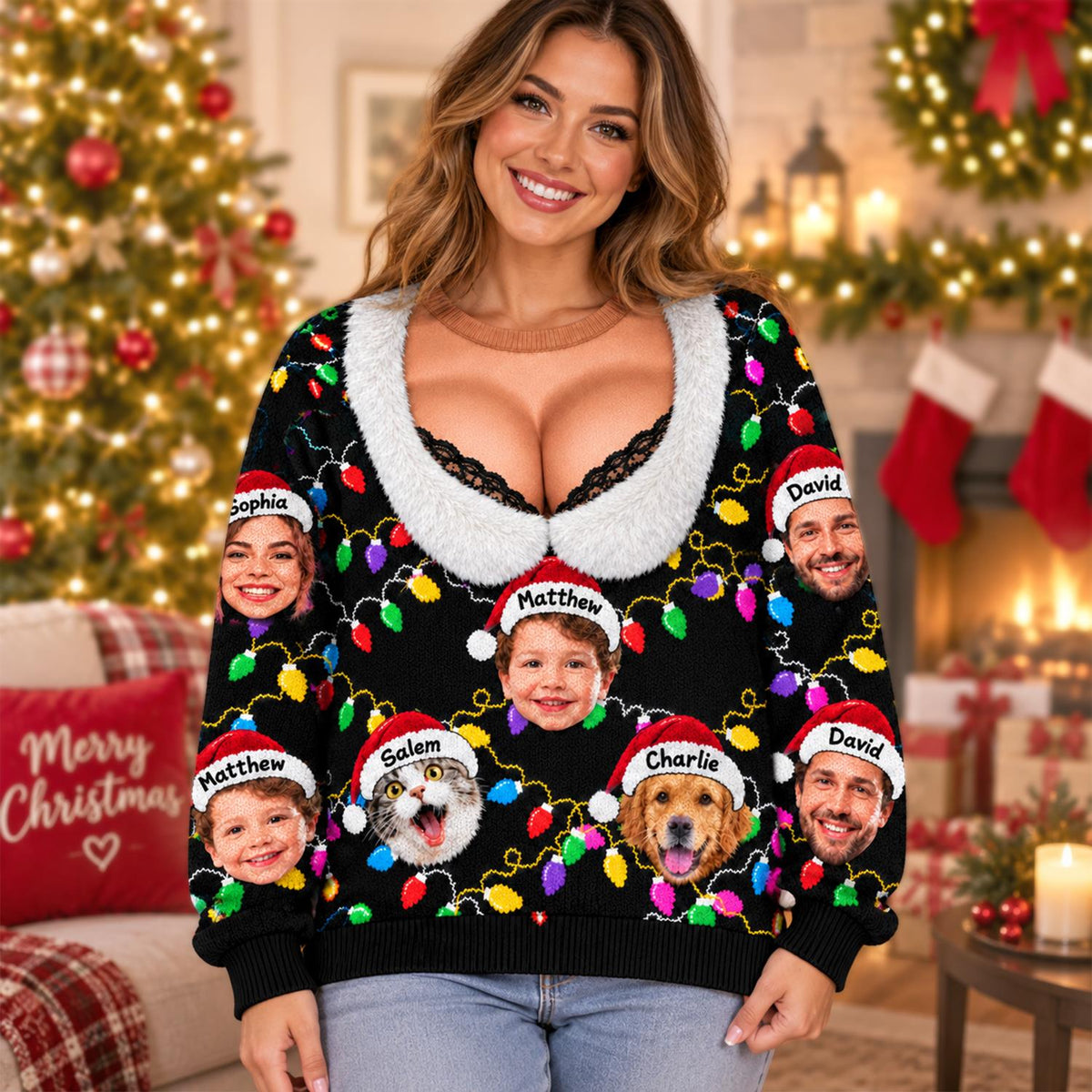 Personalized Funny Faux Cleavage Ugly Sweater, Lace-Trim Holiday Party Top, Custom Face Christmas Family Silly Xmas Leds T1807 Hv01