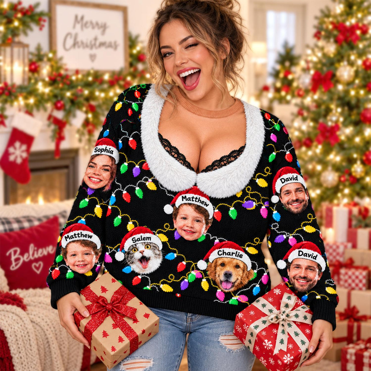 Personalized Funny Faux Cleavage Ugly Sweater, Lace-Trim Holiday Party Top, Custom Face Christmas Family Silly Xmas Leds T1807 Hv01