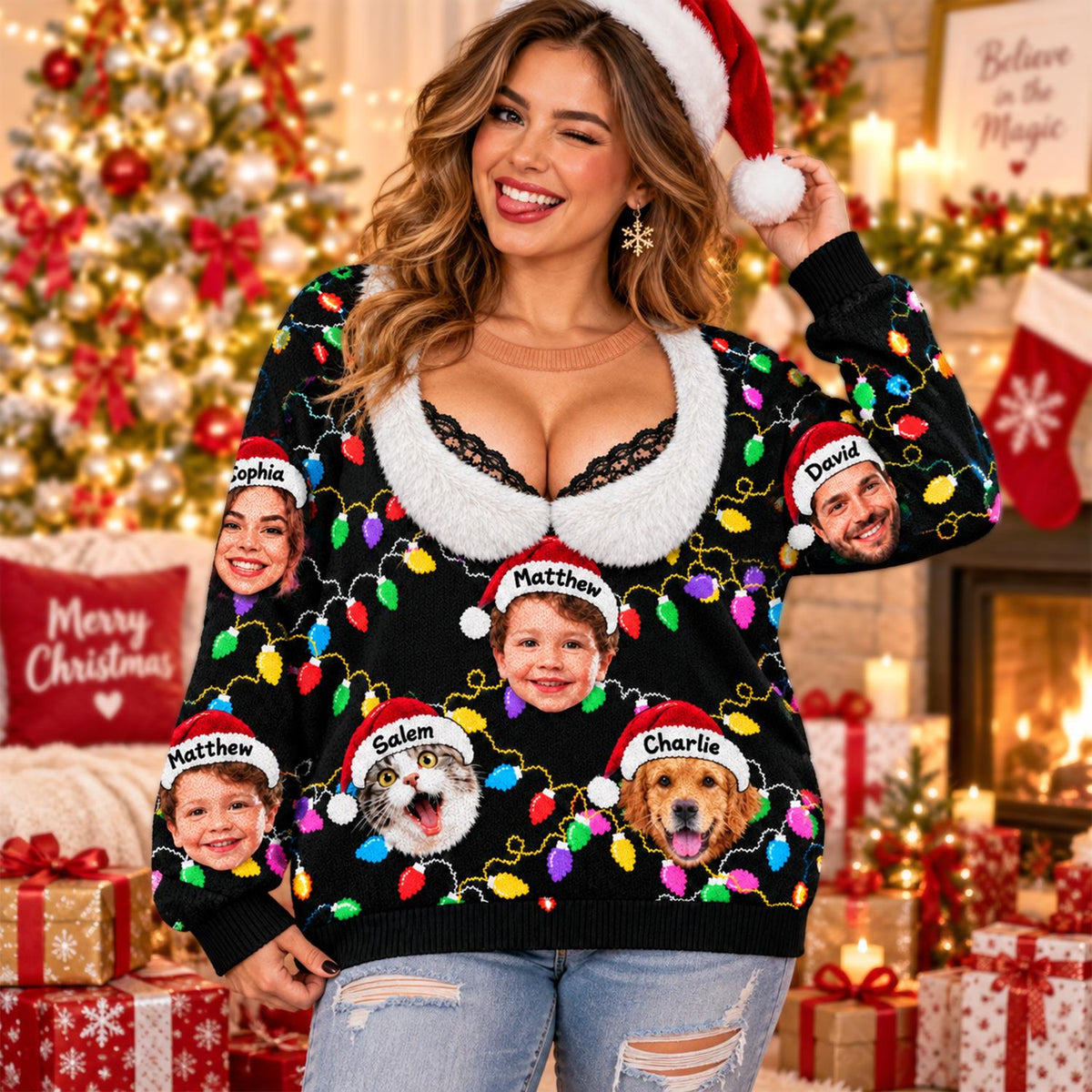 Personalized Funny Faux Cleavage Ugly Sweater, Lace-Trim Holiday Party Top, Custom Face Christmas Family Silly Xmas Leds T1807 Hv01