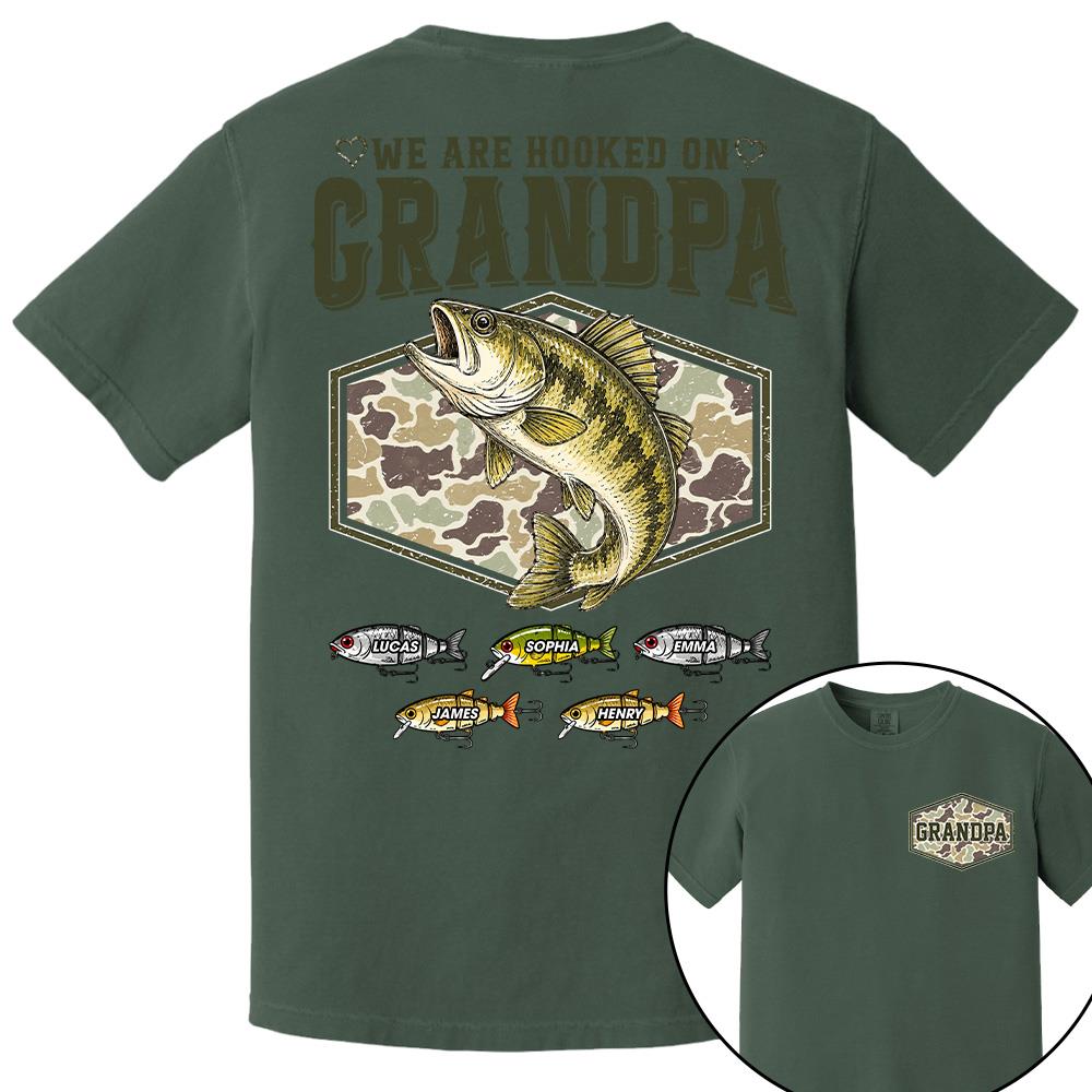 We Are Hooked On Grandpa Personalized Vintage Retro Fishing Shirt, Custom Fishing Gift for Dad, Father's Day Tee Na02 Hv01