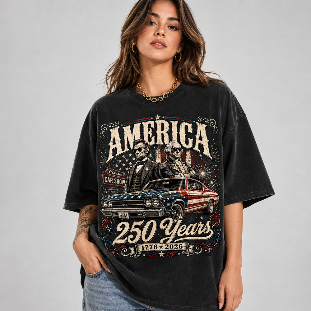 250 Years America Anniversary Classic Car Shirt, George Washington & Lincoln Playing Guitar, Funny 4th of July Tee For Car Lovers Hv01
