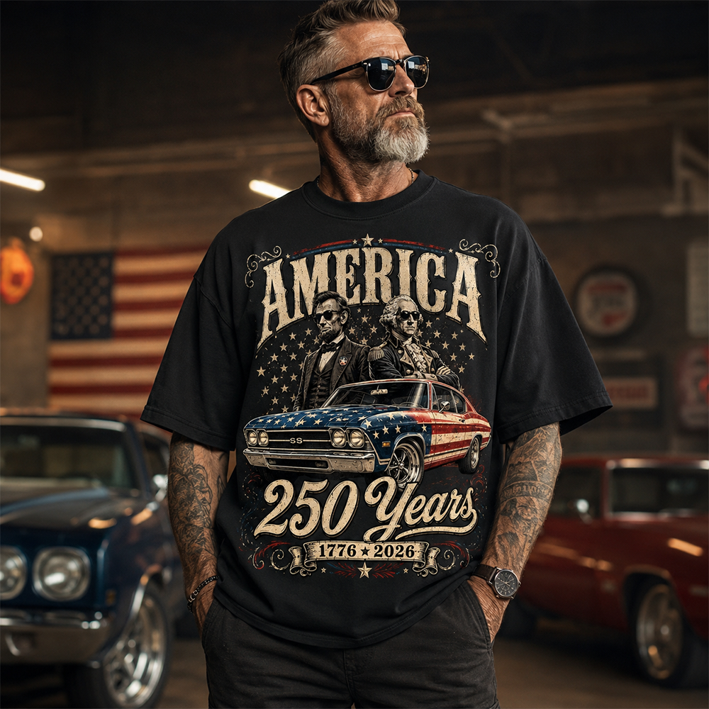 250 Years America Anniversary Classic Car Shirt, George Washington & Lincoln Playing Guitar, Funny 4th of July Tee For Car Lovers Hv01