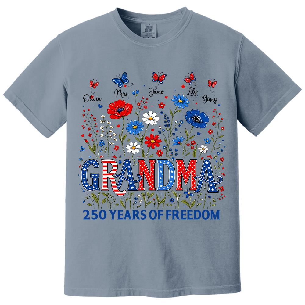 Personalized Grandma Shirt USA 250th Anniversary, Boho Floral Patriotic Tee, Custom Names Gift For Grandma Na02 Hv01