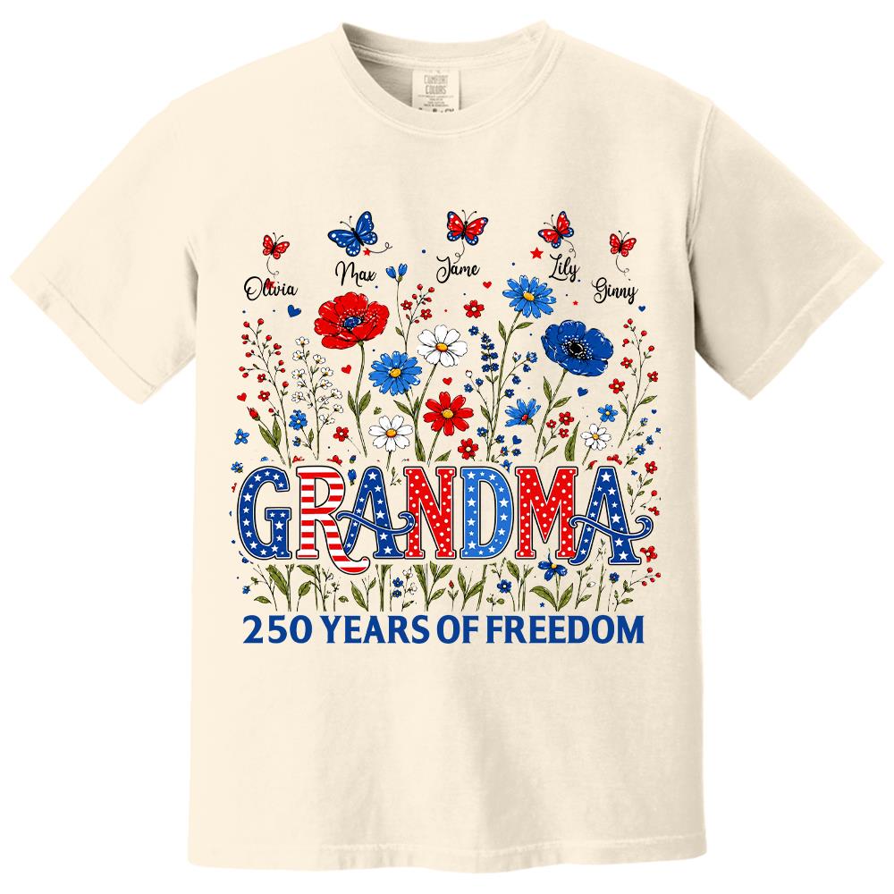 Personalized Grandma Shirt USA 250th Anniversary, Boho Floral Patriotic Tee, Custom Names Gift For Grandma Na02 Hv01