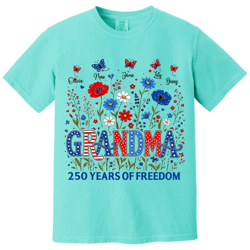 Personalized Grandma Shirt USA 250th Anniversary, Boho Floral Patriotic Tee, Custom Names Gift For Grandma Na02 Hv01