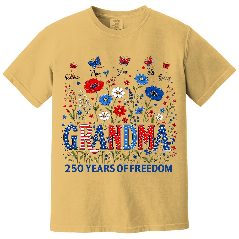 Personalized Grandma Shirt USA 250th Anniversary, Boho Floral Patriotic Tee, Custom Names Gift For Grandma Na02 Hv01