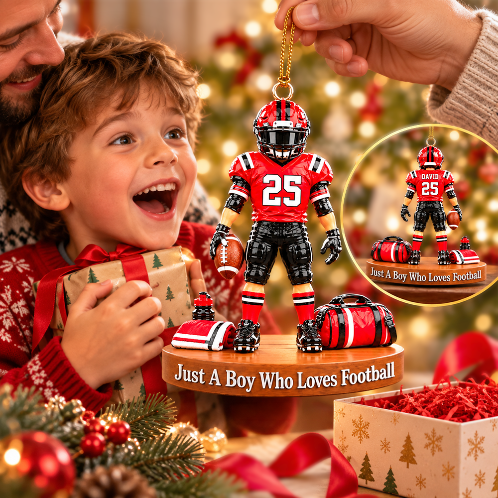 Luxury Personalized Football Player Christmas Ornament, Custom Name, Number & Uniform Colors, Just a Boy Who Loves Football Gift Hv01