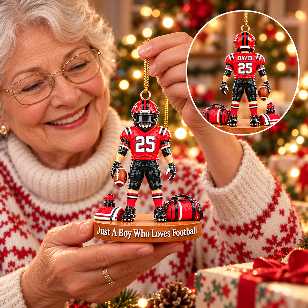 Luxury Personalized Football Player Christmas Ornament, Custom Name, Number & Uniform Colors, Just a Boy Who Loves Football Gift Hv01