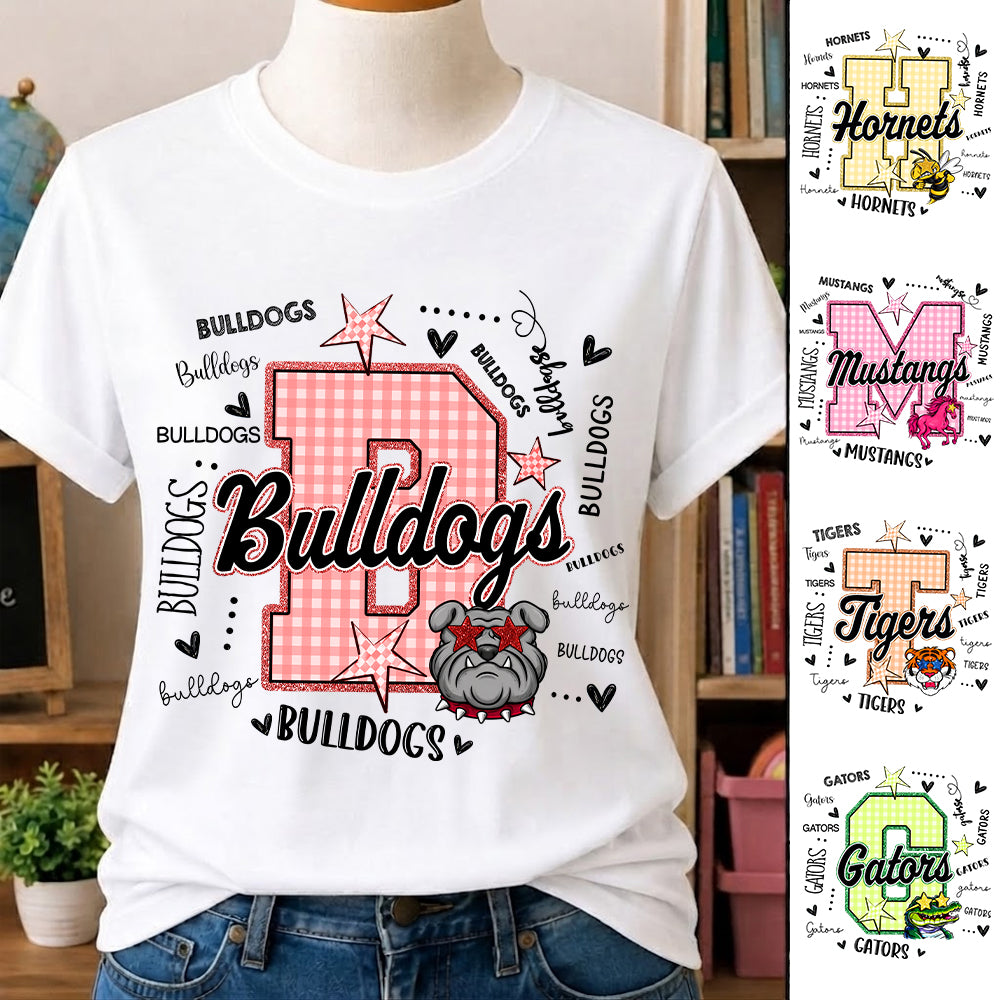 Custom Gingham School Mascot Game Day, Personalized Name Mascot T-Shirt Teacher Appreciation Gift VH01