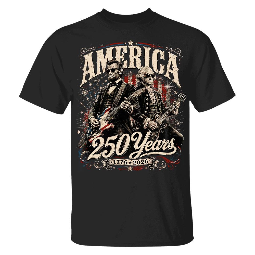 250 Years America Anniversary Guitar Shirt, George Washington & Lincoln Playing Guitar, Funny 4th of July Rock Tee Hv01