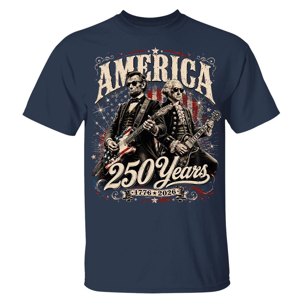 250 Years America Anniversary Guitar Shirt, George Washington & Lincoln Playing Guitar, Funny 4th of July Rock Tee Hv01