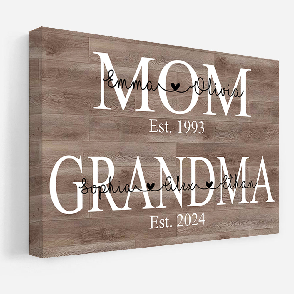 Personalized Mom Est Grandma Est Canvas Prints with Grandkids, Gift for Mom