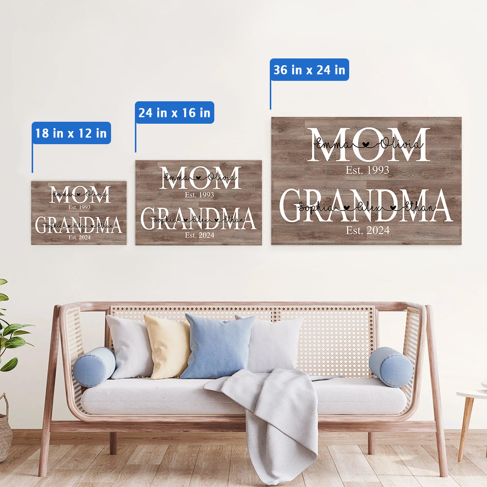 Personalized Mom Est Grandma Est Canvas Prints with Grandkids, Gift for Mom