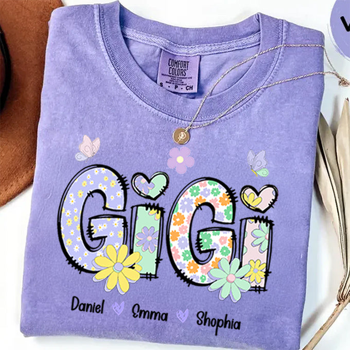 Gigi Purple Floral Shirt - Custom Nickname Grandma Nana Mimi & Kid Names - Mother's Day NA04 pt99