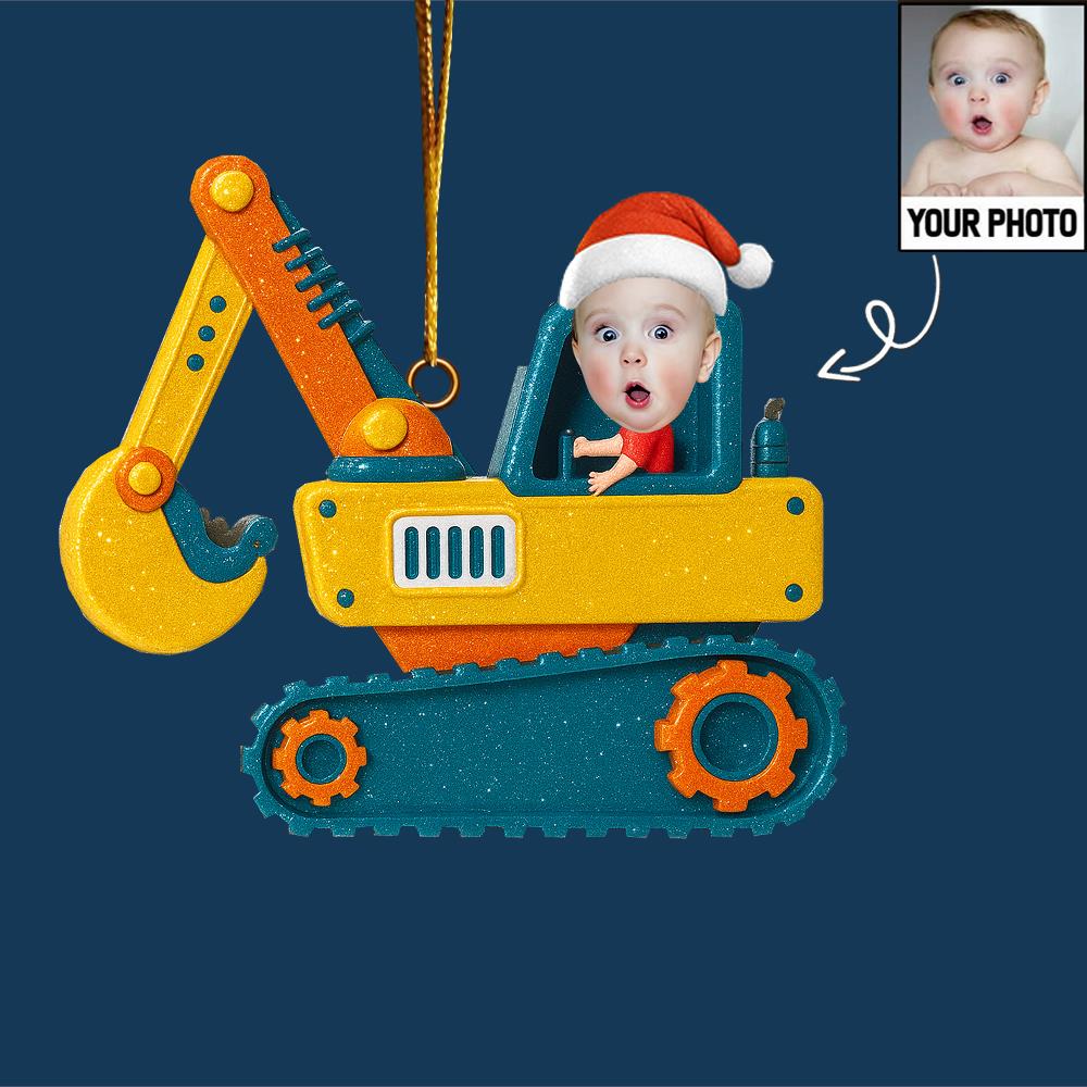 Christmas Boy Riding Construction Vehicle - Personalized Babys Photo First Christmas Ornament  Nh00