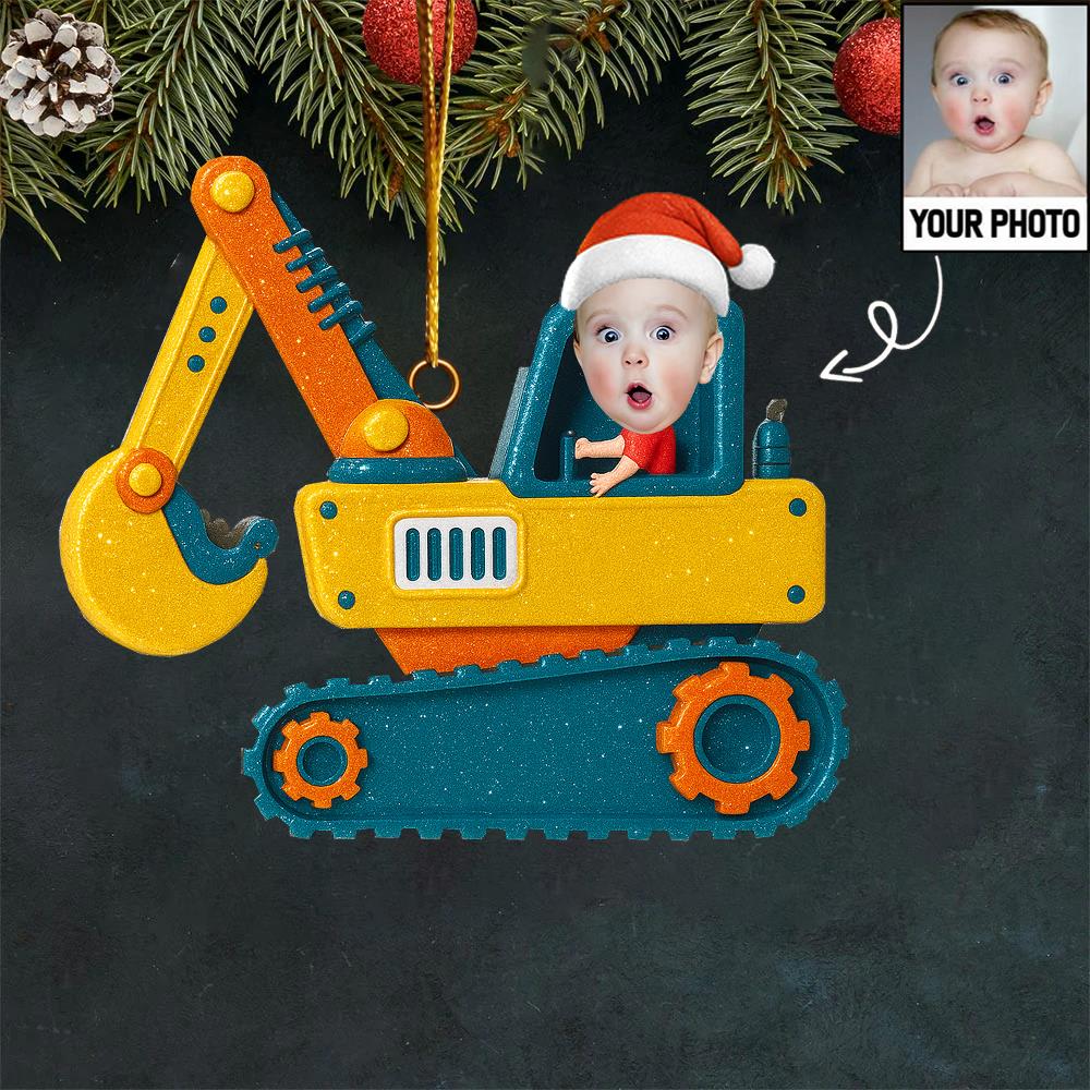 Christmas Boy Riding Construction Vehicle - Personalized Babys Photo First Christmas Ornament  Nh00