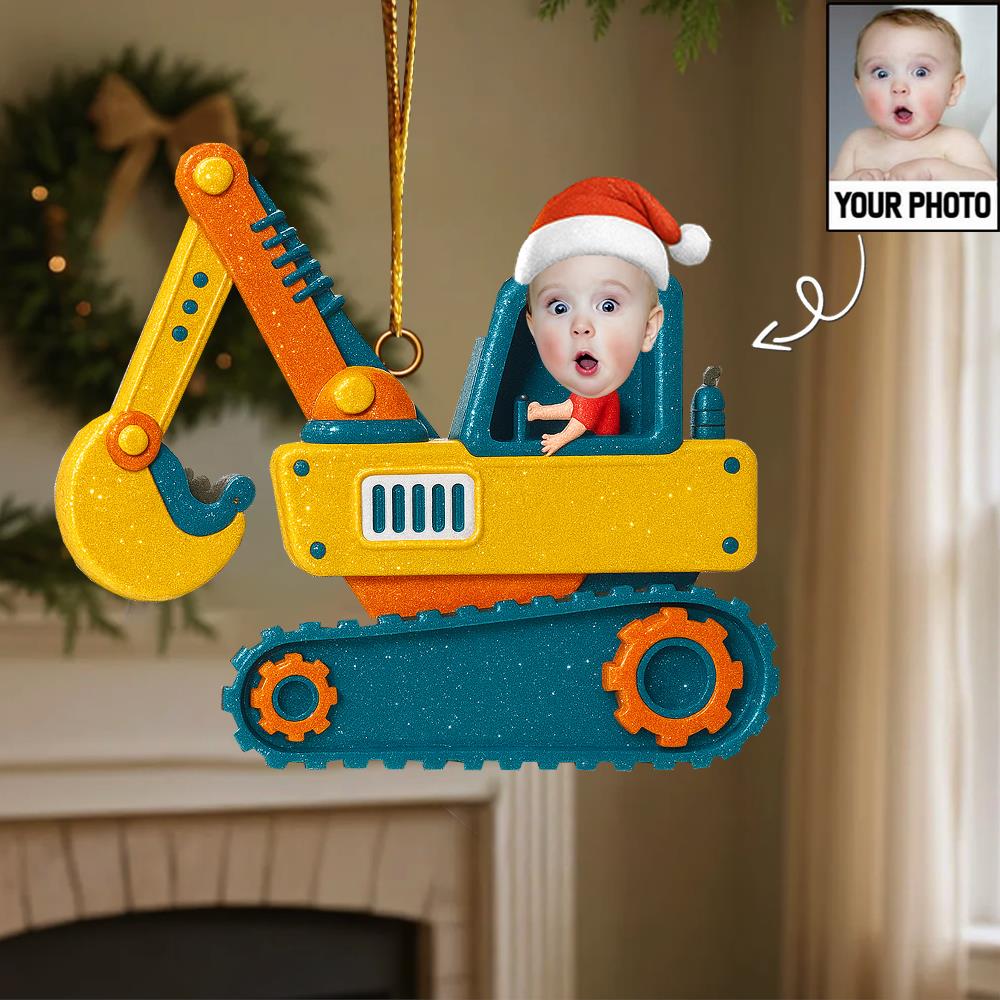 Christmas Boy Riding Construction Vehicle - Personalized Babys Photo First Christmas Ornament  Nh00