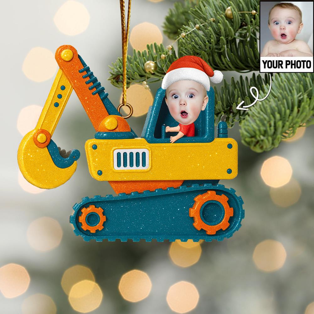 Christmas Boy Riding Construction Vehicle - Personalized Babys Photo First Christmas Ornament  Nh00