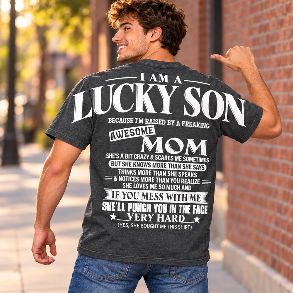 Lucky Son Shirts – Oversized Shoulder Print, Gift for Son from Mom T24