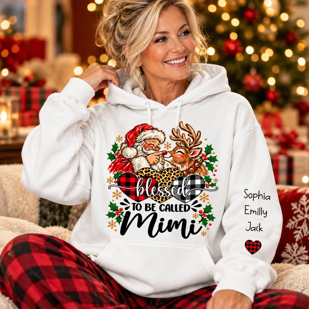 Custom Blessed To Be Called Mimi Christmas Sweatshirt with Grandkids Names on Sleeve, Personalized Mimi Claus Sweater, Cute Santa Reindeer Holiday Crewneck C2408 Li29 TL06