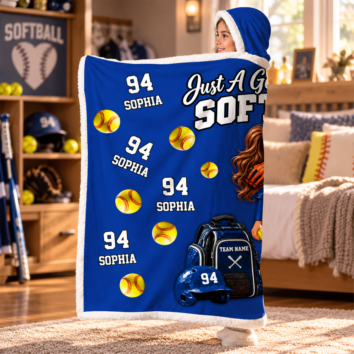 Personalized Just A Girl Who Loves Softball Blanket Hoodie, Custom Name Softball Gift For Boy Girl Na02 VH01 TL06