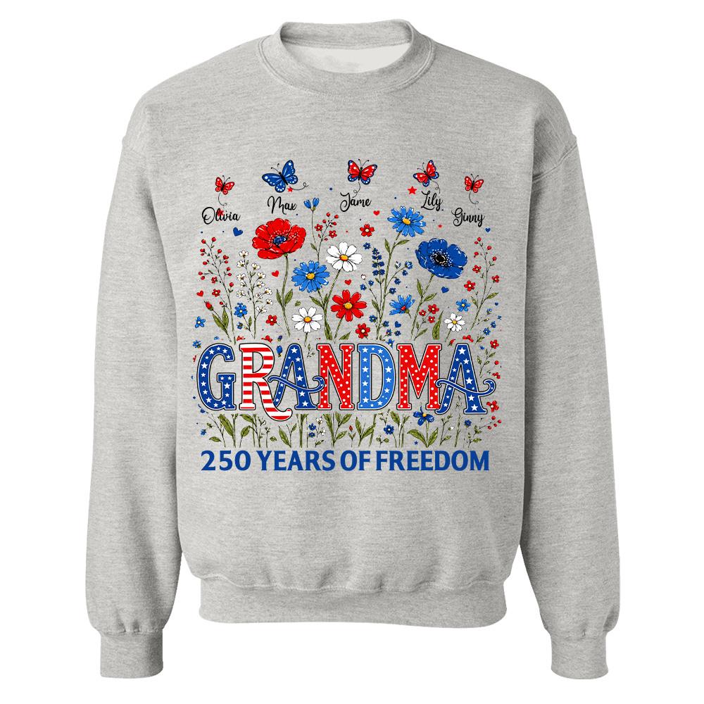 Personalized Grandma Shirt USA 250th Anniversary, Boho Floral Patriotic Tee, Custom Names Gift For Grandma Na02 Hv01