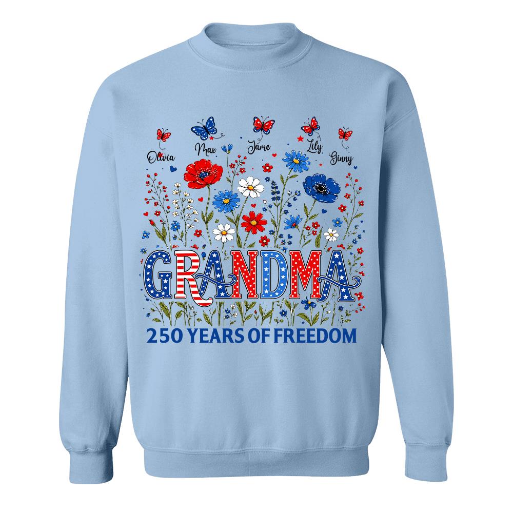 Personalized Grandma Shirt USA 250th Anniversary, Boho Floral Patriotic Tee, Custom Names Gift For Grandma Na02 Hv01