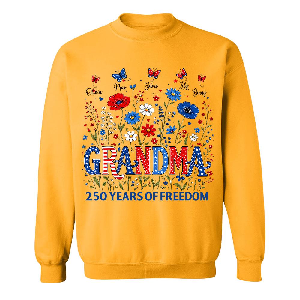 Personalized Grandma Shirt USA 250th Anniversary, Boho Floral Patriotic Tee, Custom Names Gift For Grandma Na02 Hv01