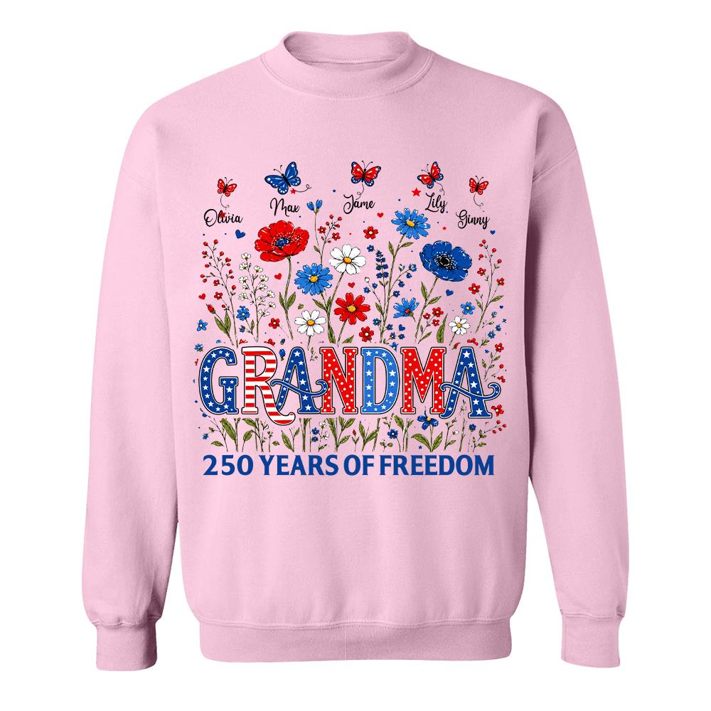 Personalized Grandma Shirt USA 250th Anniversary, Boho Floral Patriotic Tee, Custom Names Gift For Grandma Na02 Hv01
