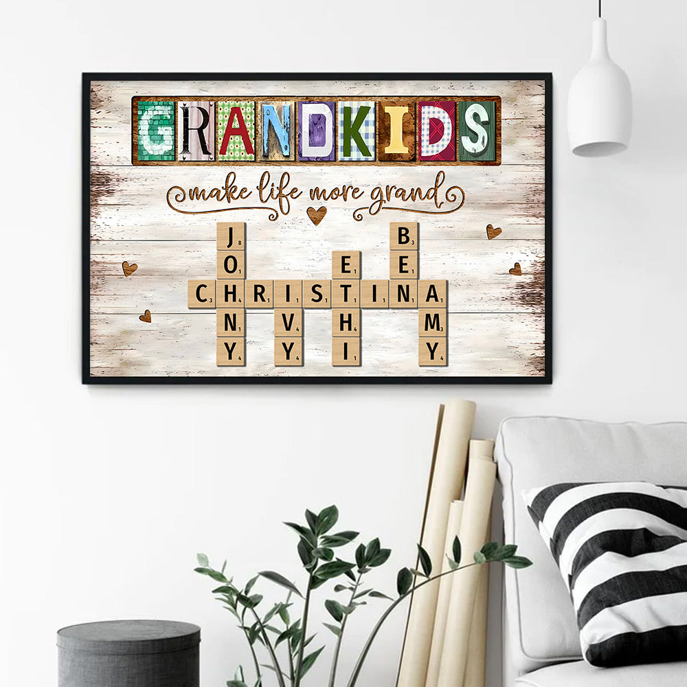 Personalized Grandkids Make Life More Grand Crossword Puzzle Canvas, Gift for Grandma, Nana, Grandparent A2110 Do99