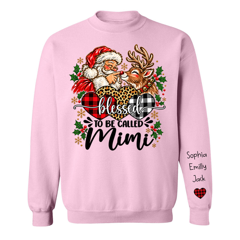 Custom Blessed To Be Called Mimi Christmas Sweatshirt with Grandkids Names on Sleeve, Personalized Mimi Claus Sweater, Cute Santa Reindeer Holiday Crewneck C2408 Li29 TL06