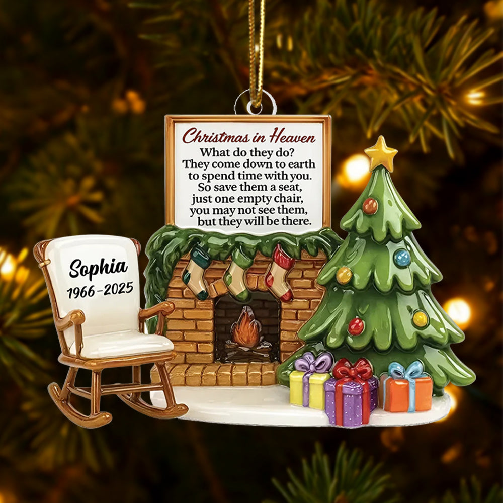 Christmas In Heaven Chair At Fireplace - Personalized Acrylic Ornament - Christmas Memorial Keepsake For Family Hv01