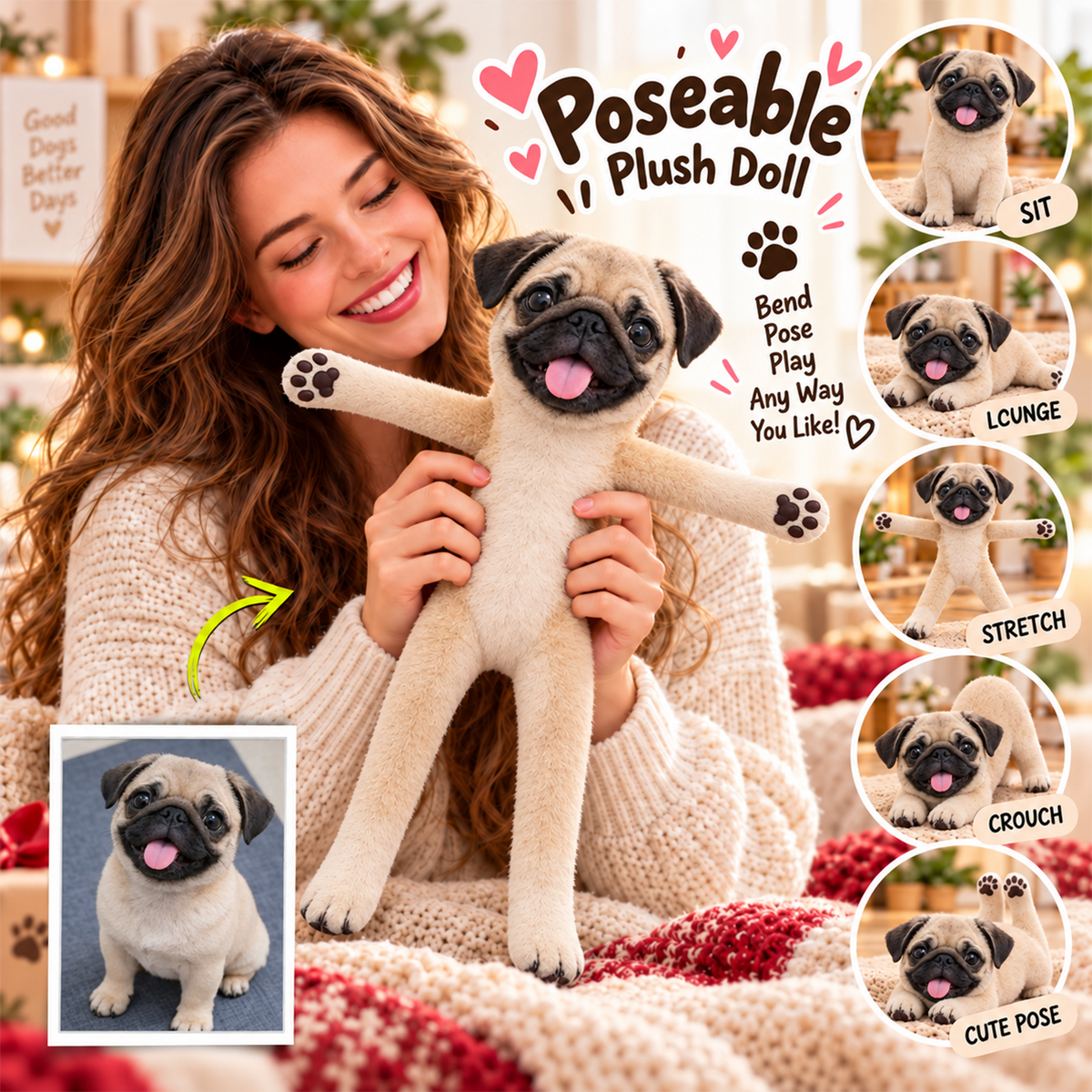 Personalized Pug Photo Pet Squishy Toy Poseable Plush Doll, Funny Gift For Dog Mom, Dad, Pet Lover T1807 T24 TL06