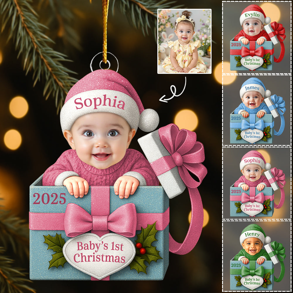 Baby Christmas Gift Box Acrylic Ornament, Personalized Baby Photo Christmas Ornament, Funny Newborn First Christmas Gift T1807