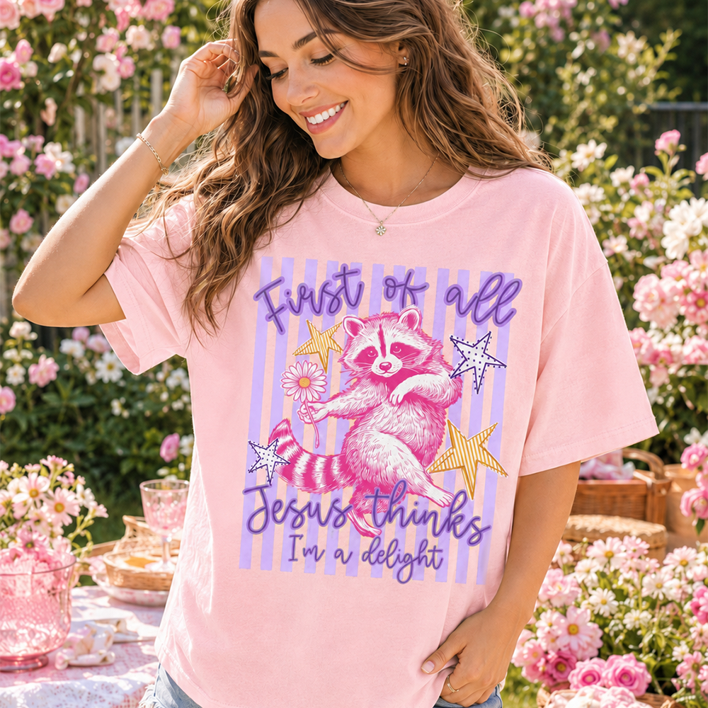 Custom First of All Jesus Thinks I'm A Delight Christian Humor T-shirt, Preppy Striped Summer, Funny Feral Raccoon, Dog, Cat Shirt Hv01