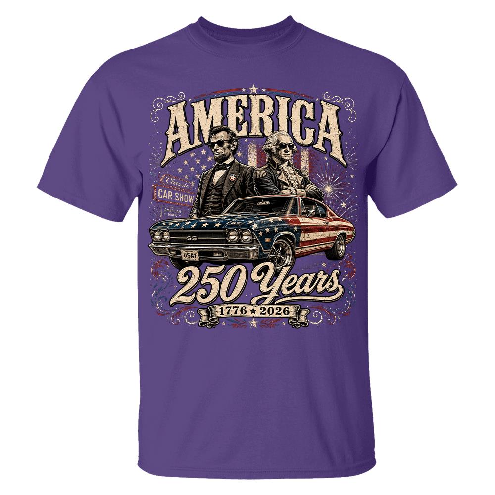 250 Years America Anniversary Classic Car Shirt, George Washington & Lincoln Playing Guitar, Funny 4th of July Tee For Car Lovers Hv01