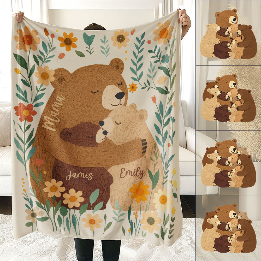 Personalized Mama Bear Flower Blanket, Custom Mother's Day Gift for Mom Grandma, Boho Wildflowers Mom Bear Quilt, Cottagecore Flower Gift Pt99
