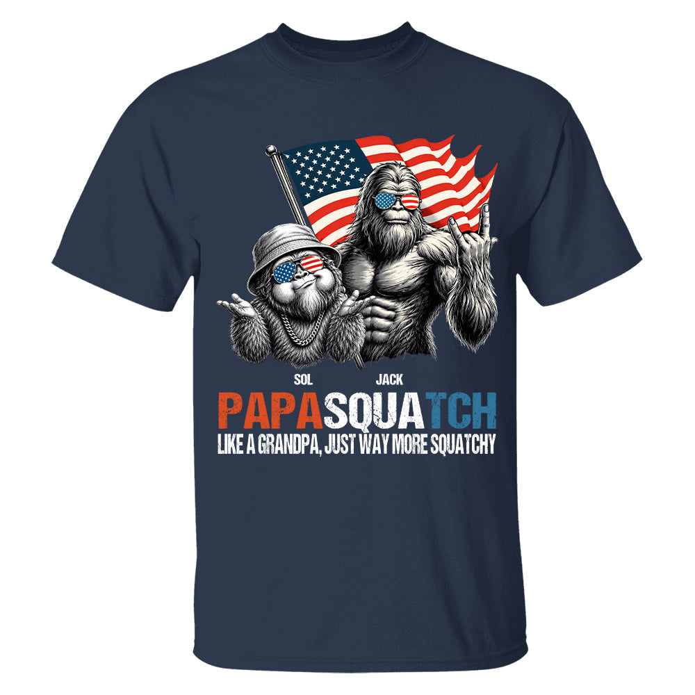 Personalized Papasquatch - Bigfoot Merica Rock American Flag T-Shirt, Father Day Gifts for Dad Funny Papa Tshirt Cool Daddy Bigfoot Tee A2110 T24