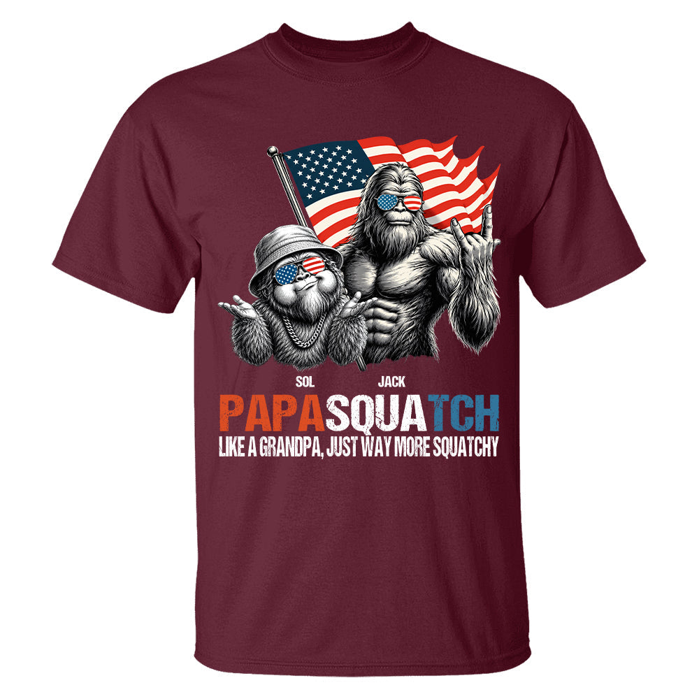 Personalized Papasquatch - Bigfoot Merica Rock American Flag T-Shirt, Father Day Gifts for Dad Funny Papa Tshirt Cool Daddy Bigfoot Tee A2110 T24