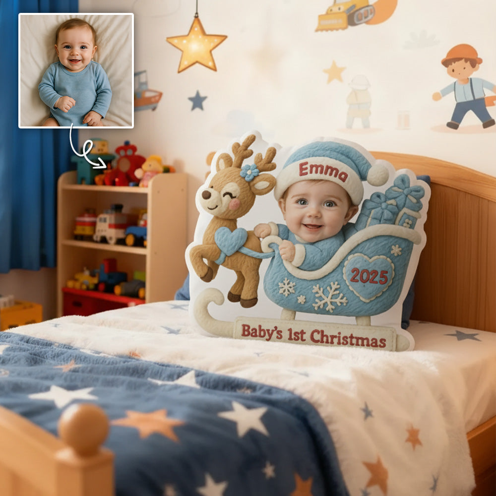 Baby In Reindeer Sleigh - Custom Upload Photo Baby Ugly Plush Pillow Pt99