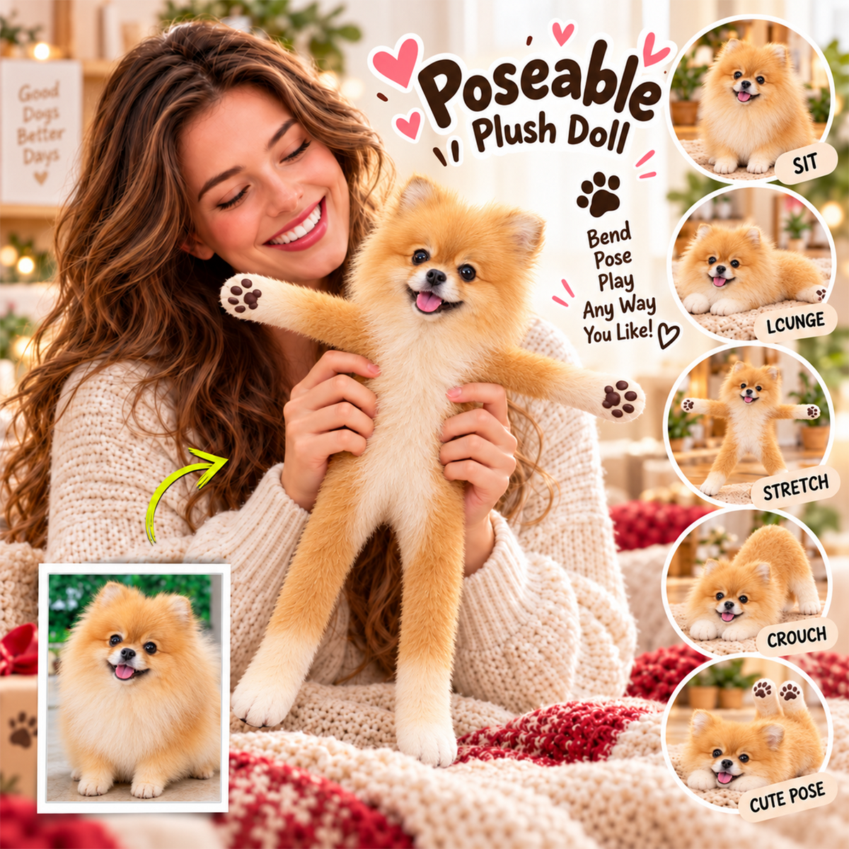 Personalized Pomeranian Photo Pet Squishy Toy Poseable Plush Doll, Funny Gift For Dog Mom, Dad, Pet Lover T1807 T24 TL06