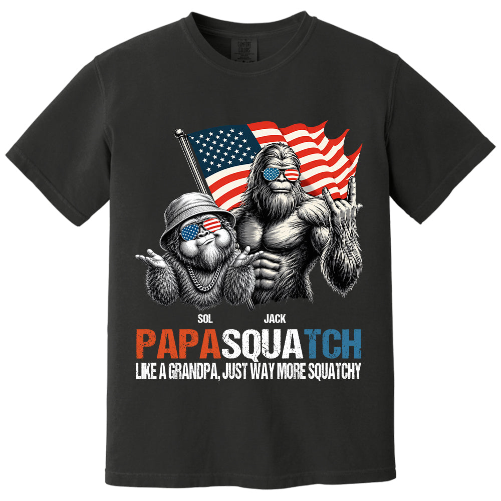 Personalized Papasquatch - Bigfoot Merica Rock American Flag T-Shirt, Father Day Gifts for Dad Funny Papa Tshirt Cool Daddy Bigfoot Tee A2110 T24