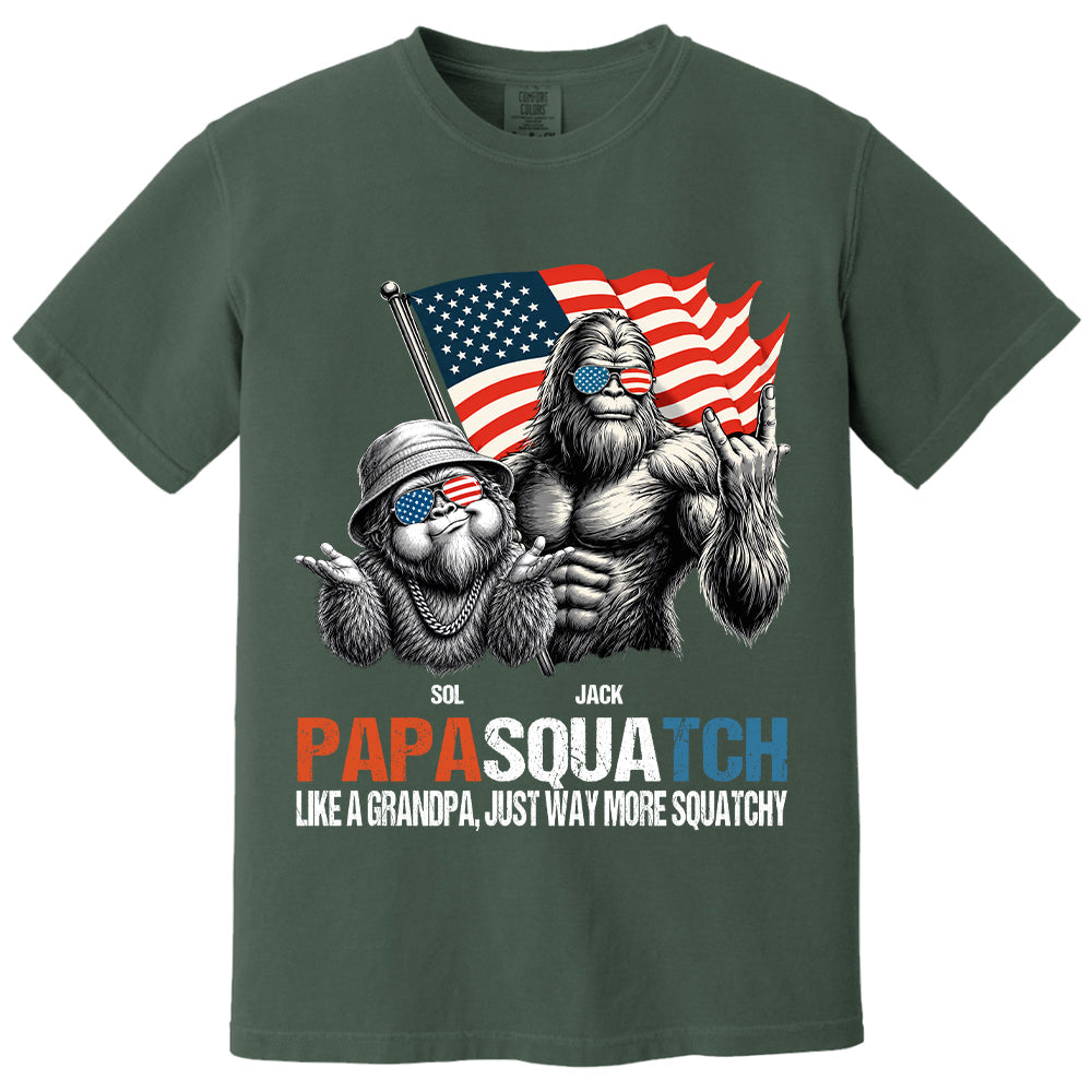 Personalized Papasquatch - Bigfoot Merica Rock American Flag T-Shirt, Father Day Gifts for Dad Funny Papa Tshirt Cool Daddy Bigfoot Tee A2110 T24