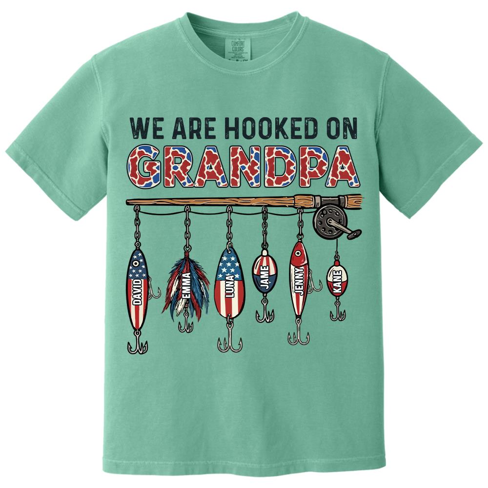 We Are Hooked On Grandpa Personalized Dad Grandpa Fishing Shirt, America 250th Anniversary, Father’s Day Gift for Grandpa Fisherman Na02 Hv01