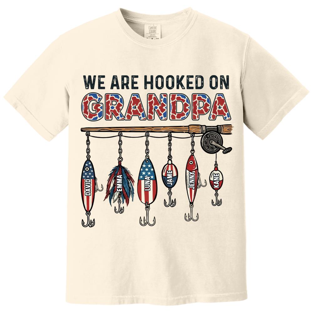 We Are Hooked On Grandpa Personalized Dad Grandpa Fishing Shirt, America 250th Anniversary, Father’s Day Gift for Grandpa Fisherman Na02 Hv01