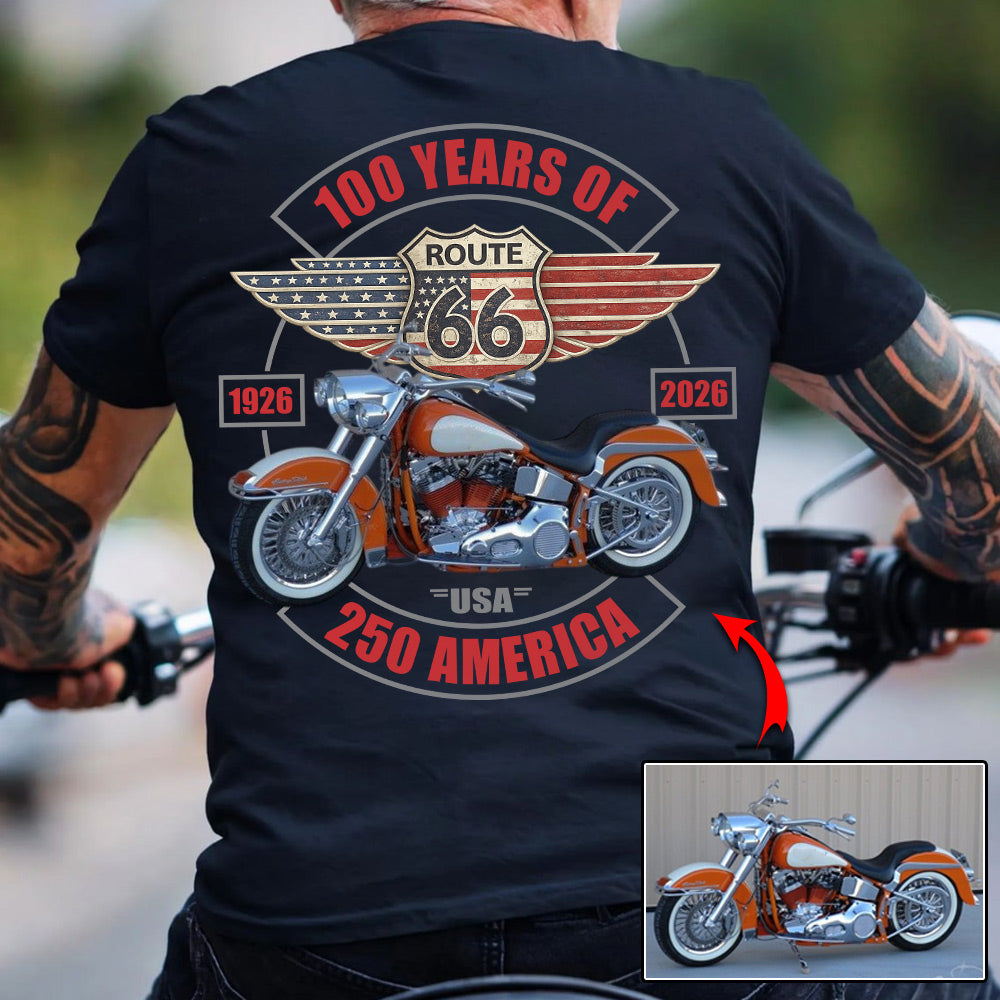 Celebrate 100 Years of Road Route 66 and America 250th Anniversary - Personalized Upload Vechicle Photo For Biker Shirt A2110