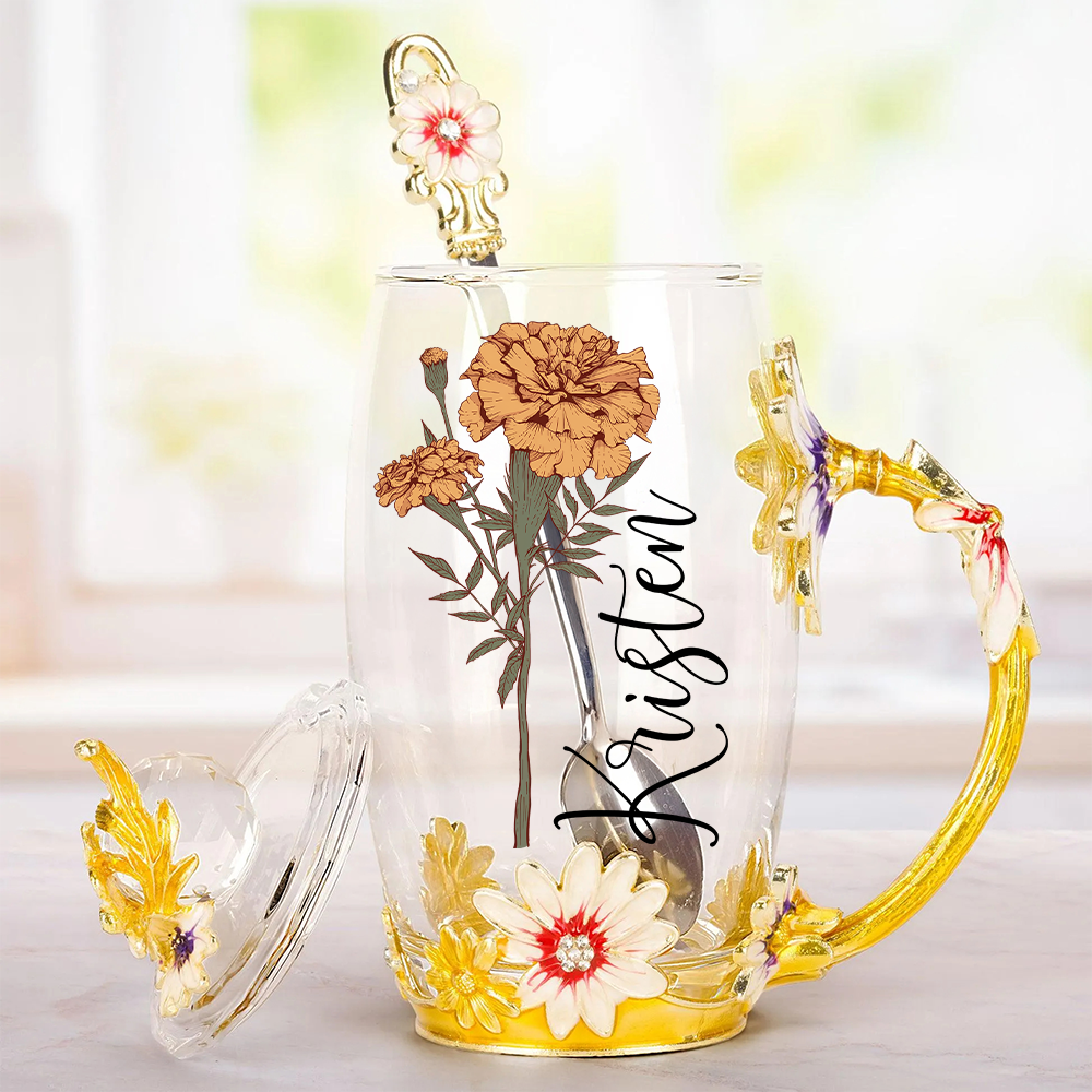 Birth Flower Enamel Flower Tea Cup With Name - Personalized Enamel Flower Tea Cup Tu20