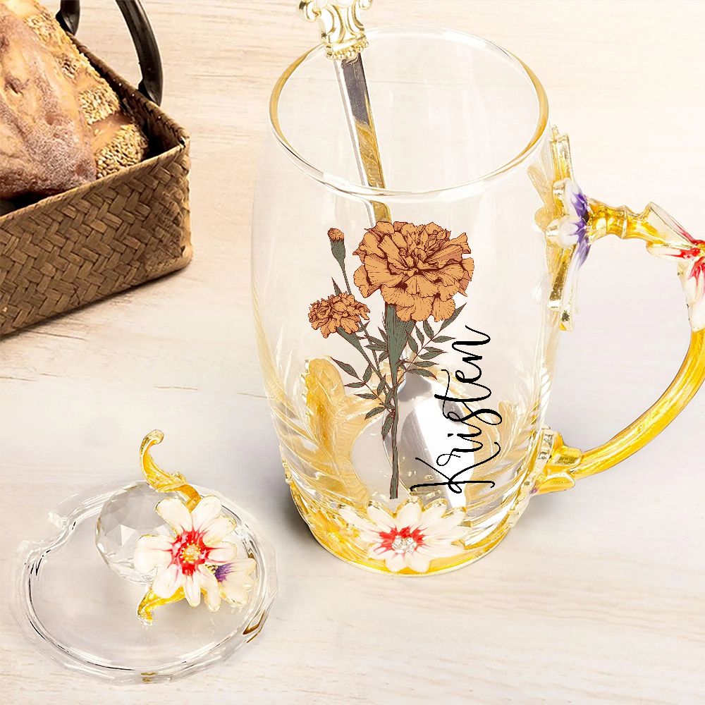Birth Flower Enamel Flower Tea Cup With Name - Personalized Enamel Flower Tea Cup Tu20