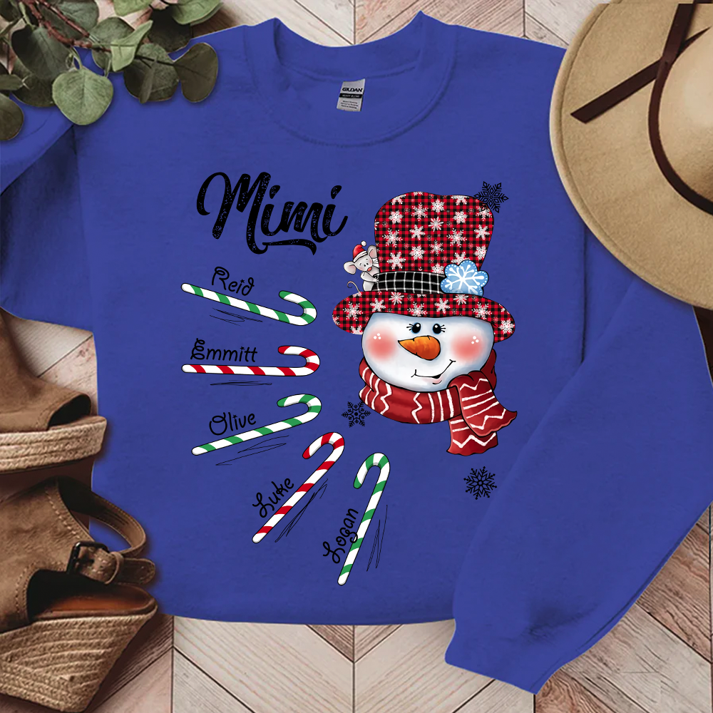 Mimi Snowman Candy Cane Christmas Personalized Sweatshirt - Custom Grandma With Grandkids Name