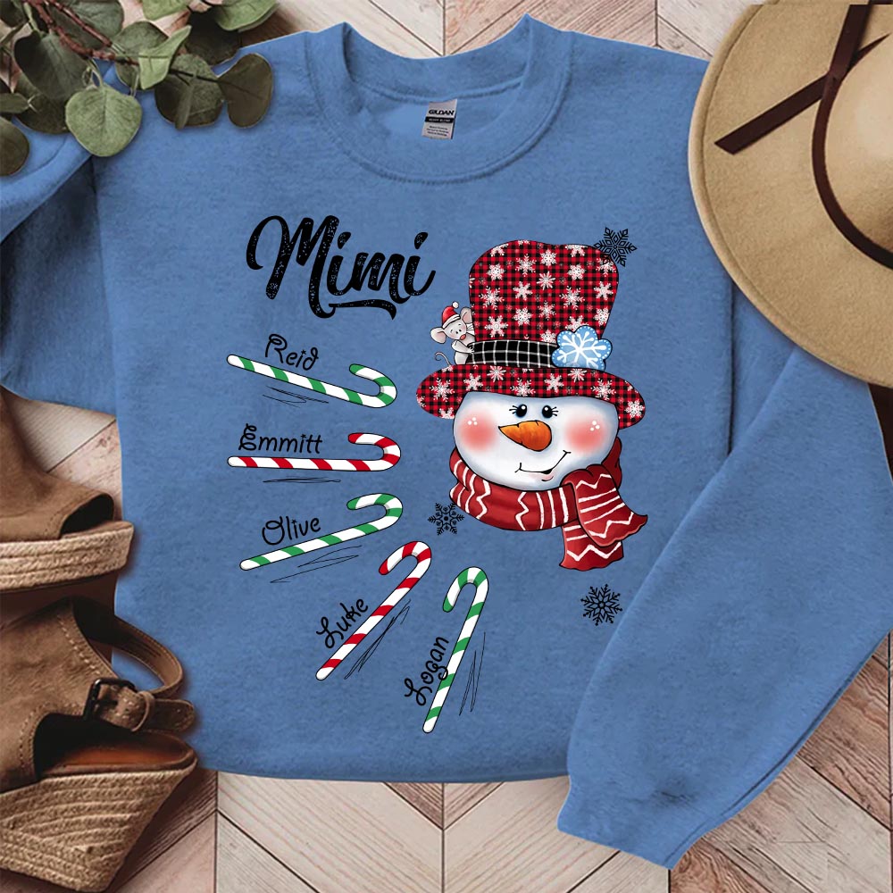 Mimi Snowman Candy Cane Christmas Personalized Sweatshirt - Custom Grandma With Grandkids Name